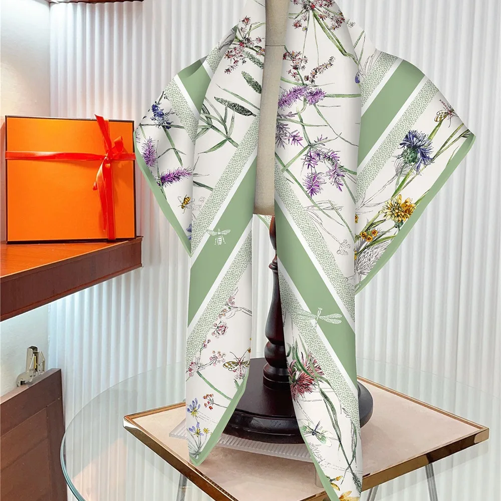 Season 90cm Twill Silk Scarf, Floral & Dragonfly Print Square Shawl for Women, Outdoor Sun Protection Wrap, Versatile Head Scarf