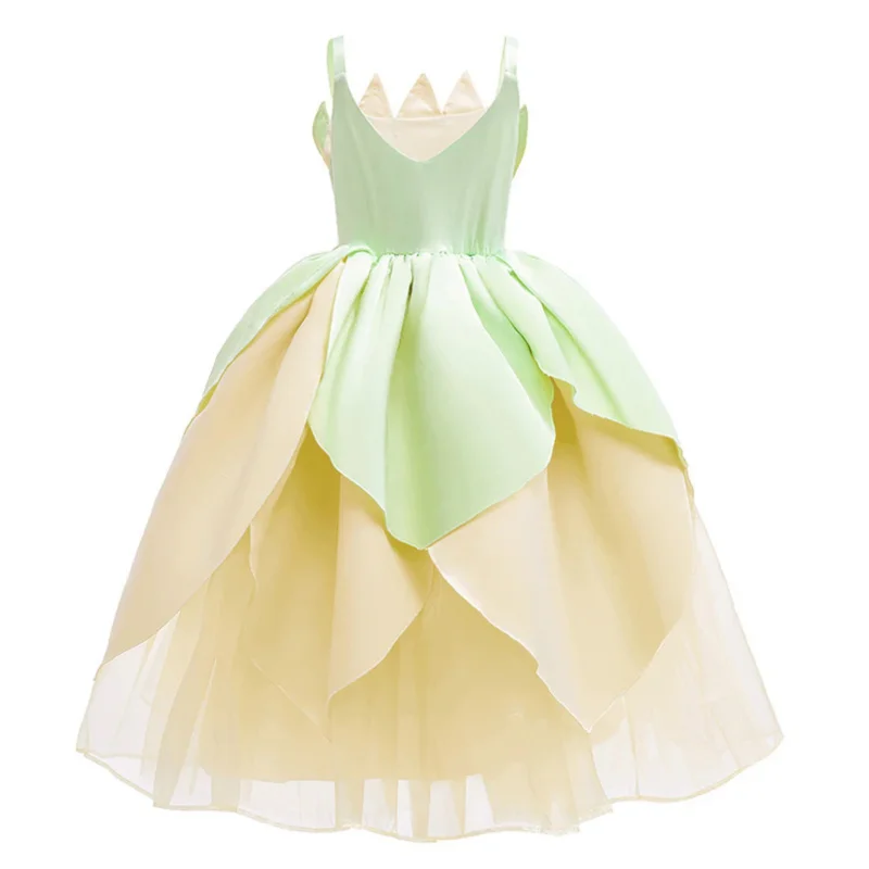 Kid 2024 Tiana dress frog girls Princess cosplay Halloween elf costume party infant Green off shoulder ball gown Tiana