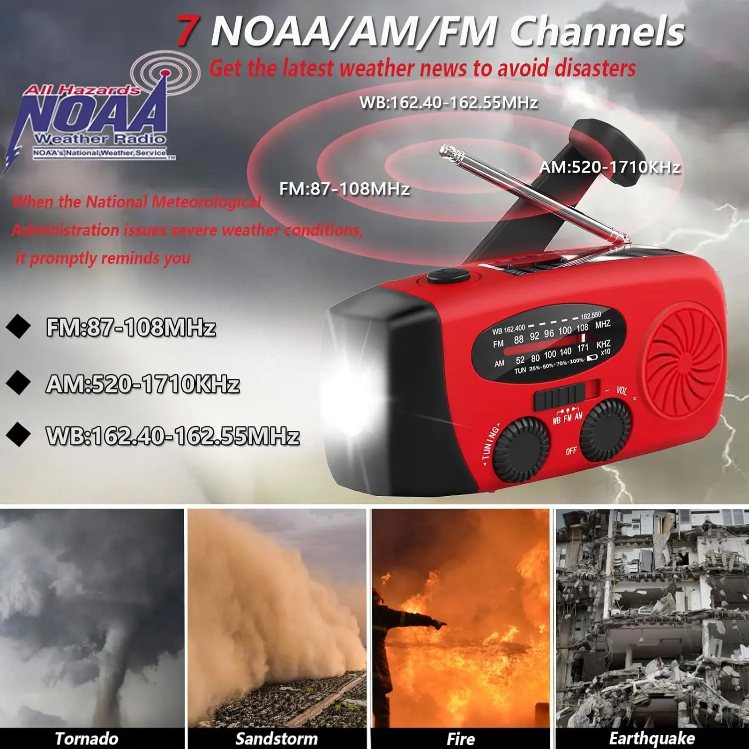 Portable 2000mAh Hand Crank Emergency Solar Panel SOS Weather Radio Self-Powered 7 NOAA Channels Emergency Radio AM/FM Radios