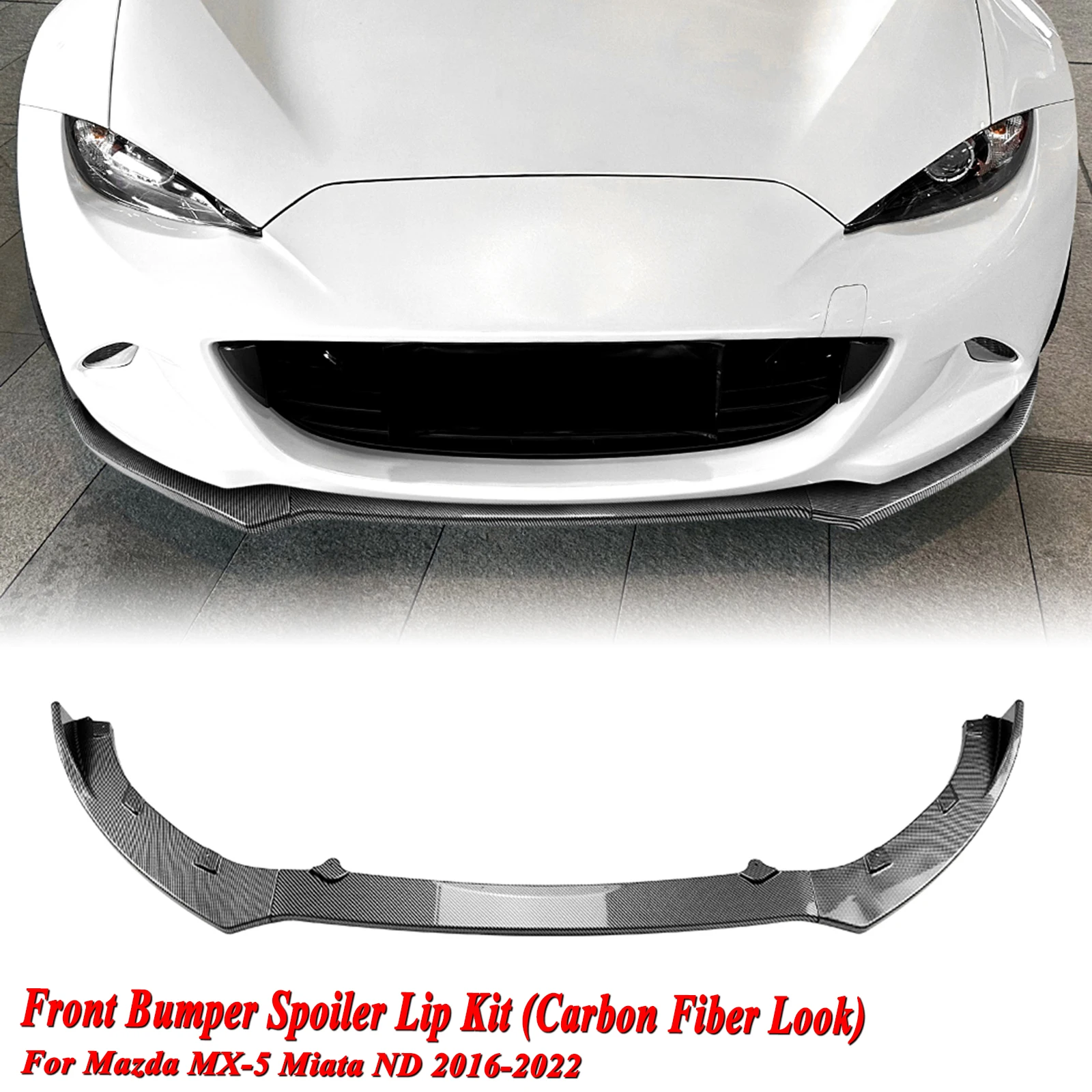 Für Mazda MX-5 MX5 Miata ND 2016-2026 2-Türer Frontstoßstangen-Spoilerlippe Carbon-Optik/Glanzschwarz Unterer Splitter-Spoiler