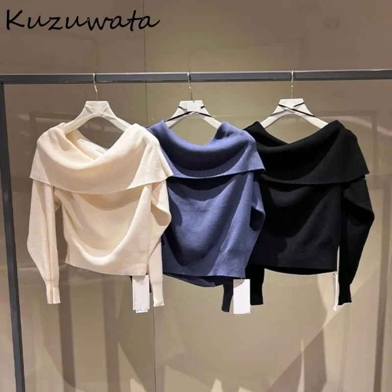 Kuzuwata Slash Neck Long Sleeve Sweet Jumper Fresh Elegant Simple Loose Woman Sweaters Japan Fashion Knit Temperament Pullovers