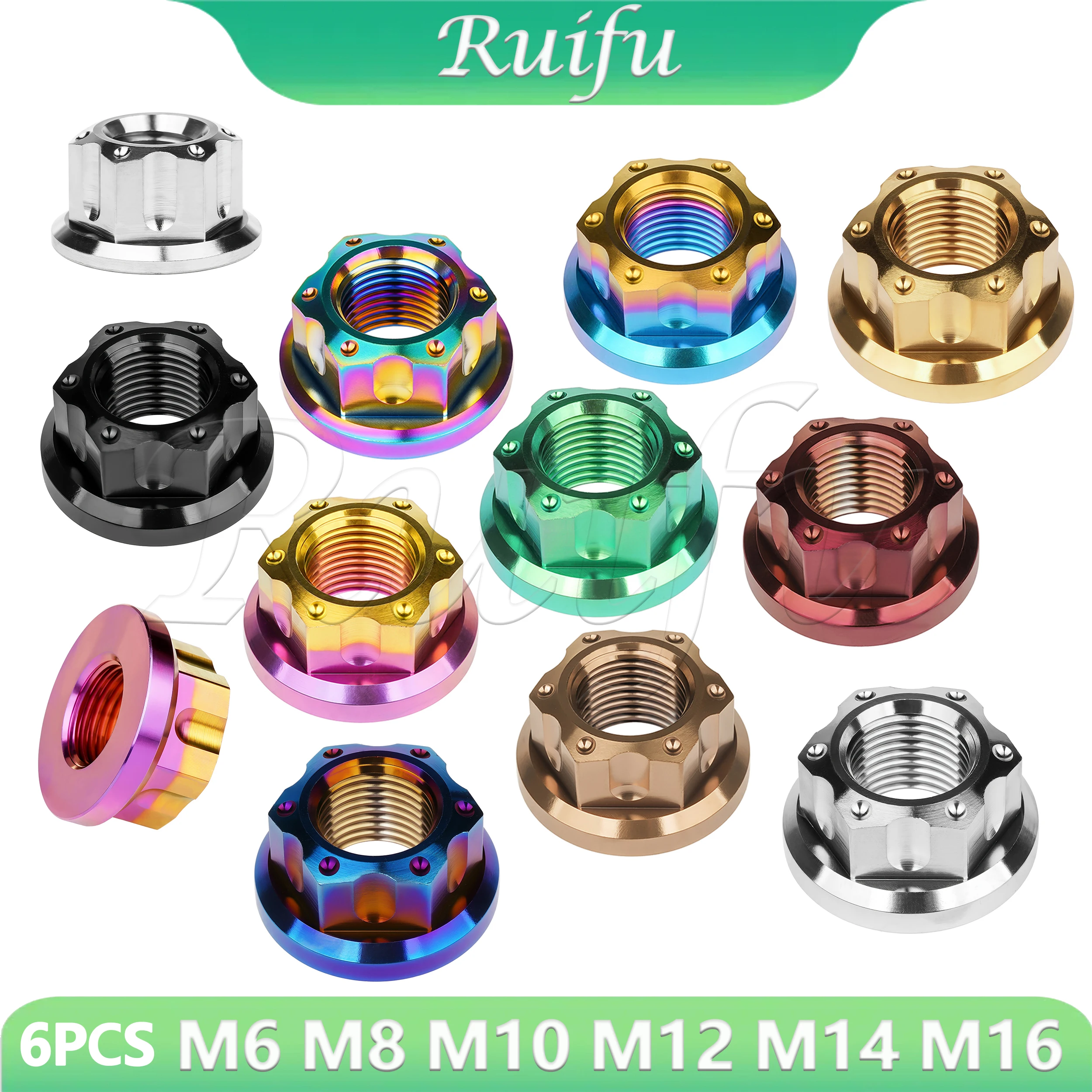 

Ruifu Titanium 6PCS Ti Nut M6 M8 M10 M12 M14 M16 Flange Nut for Motorcycle Bicycle Fastener Rear Axle Nuts