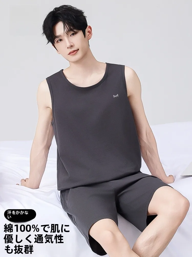 pure-cotton-sleeveless-short-set-lightweight-loose-breathable-home-clothes-for-men-person-summer-comfortable-soft-fabric