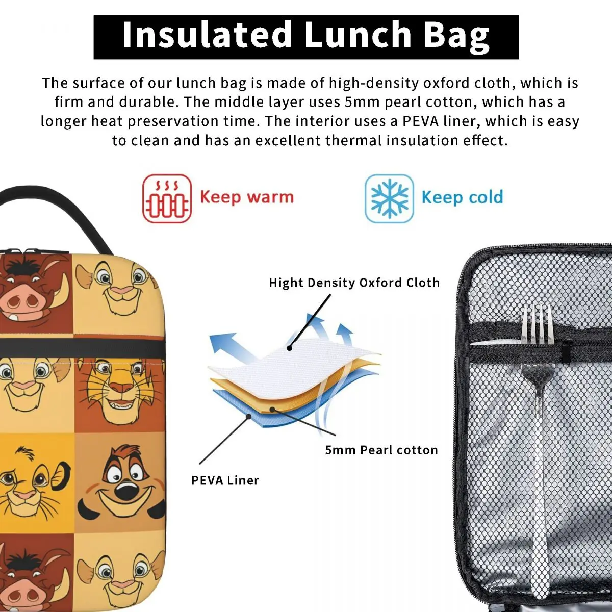Re Leone Simba Nala Face Borsa per il pranzo isolata Contenitore per pasti ad alta capacità Borsa termica Tote Lunch Box Scuola Picnic Uomo Donna