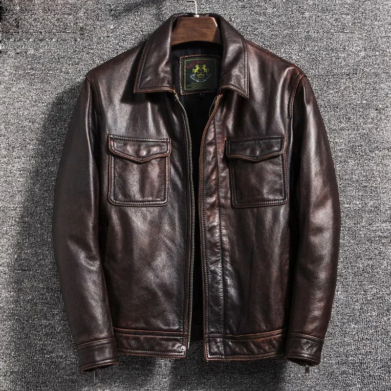 

Men Cow Leather Bomber Jacket Genuine Hunter Made Old Autumn/Winter Coats Thickened Style Male Aviator New