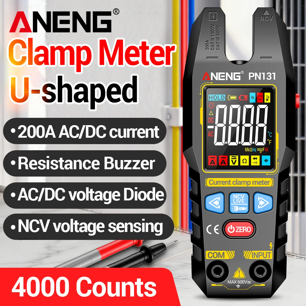 ANENG PN131 Digital Clamp Meter 200A AC DC Current Multimeter 4000 Counts Reverse Color Screen Type-C Charging NCV Voltage Tester Resistance Capacitance Temperature Ammeter