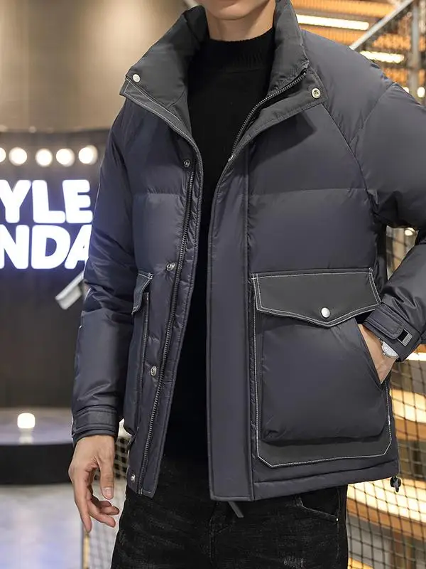 

Зимняя утепленная белая пуховая куртка для мужчин с воротником-стойкой, модная теплая верхняя одежда, однотонная, молодежный тренд