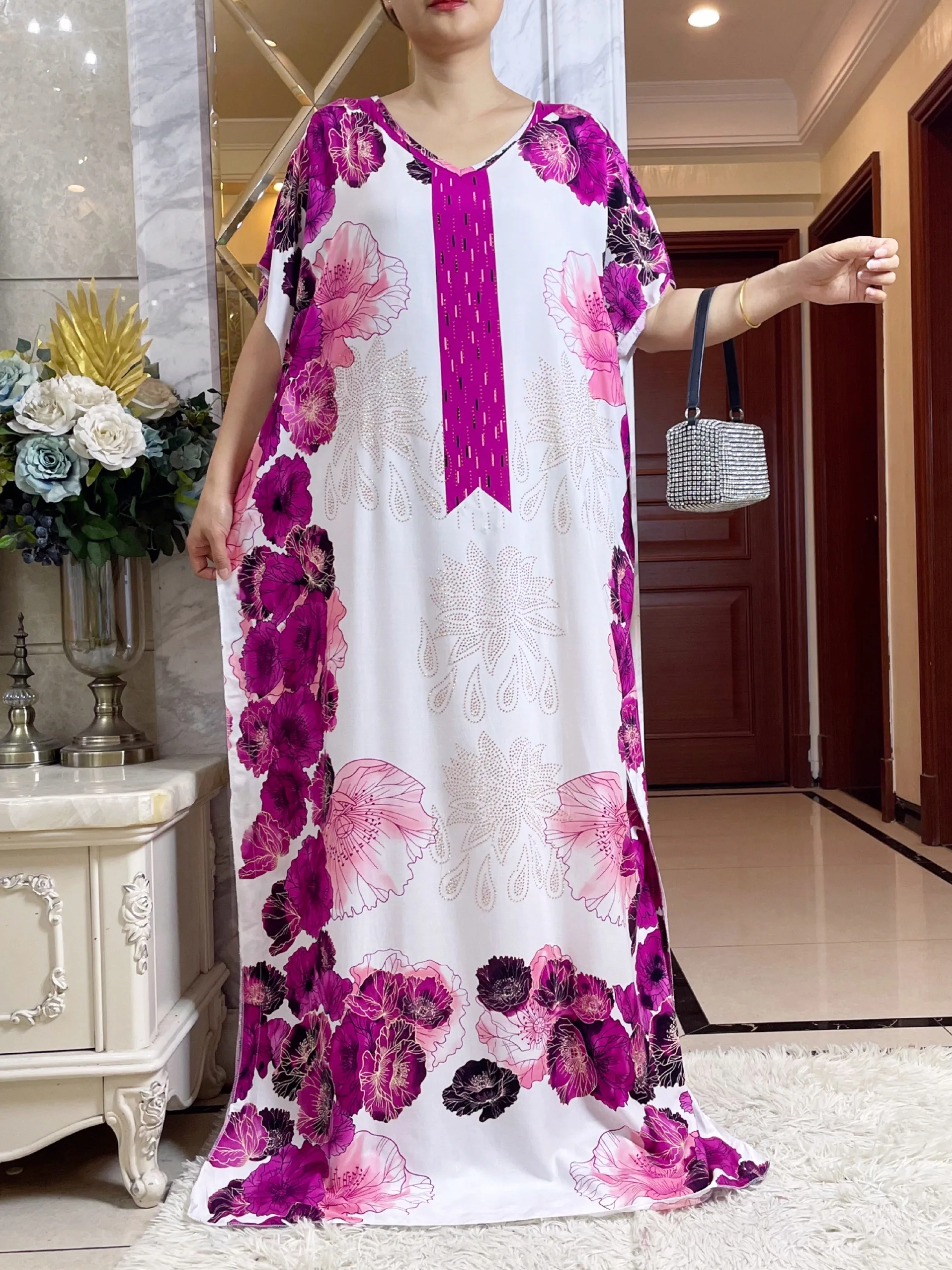 Summer Short Sleeve Printing Cotton Dress With Big Scarf African Dashiki Floral  Loose diamants Caftan Lady  Maxi Casual Vestido