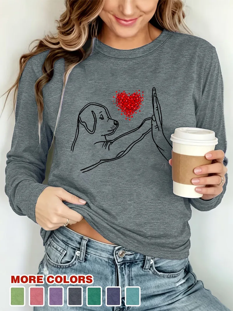 Funny Dog & Hand Lovely T-Shirt Women Fashion Dog Lover Long Sleeve Clothing Female Tops Tees Casual Harajuku Winter Autumn