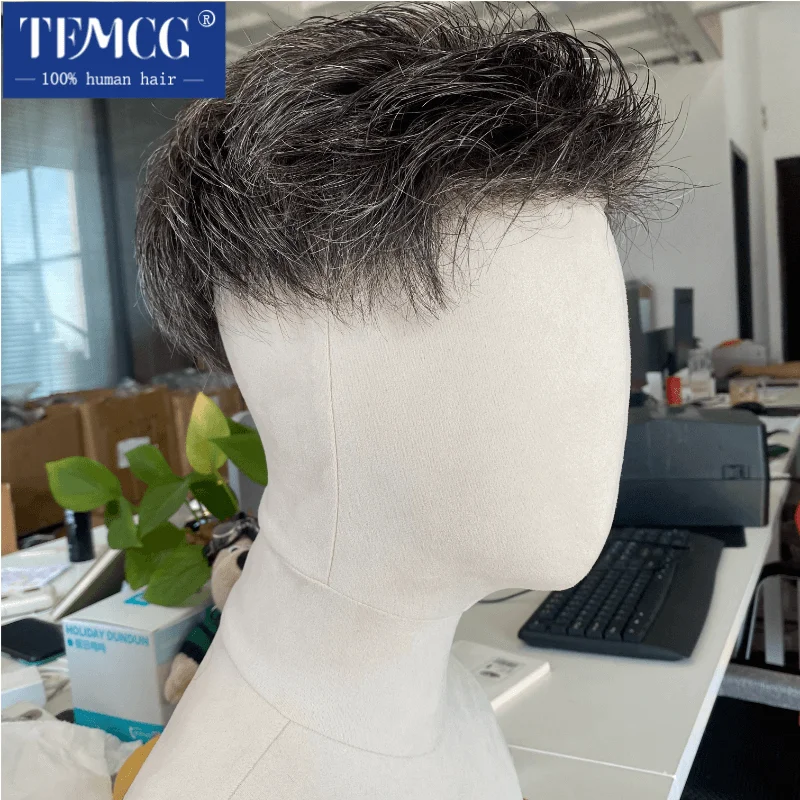 Pre Styled Male Hair Prosthesis Knotted 0.08-0.1mm Pu 100% Natural Human Hair Toupee Men Wigs Durable Wigs For Men System Unit
