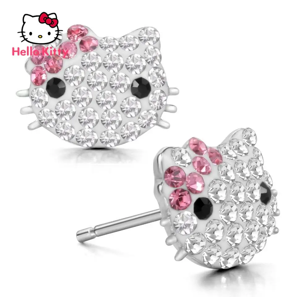 TAKARA TOMY Hello Kitty Sterling Silver Stud Earrings 925 Silver Needle Hypoallergenic Diamond Earrings Girls Ornaments