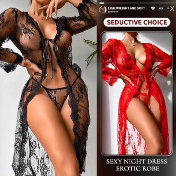 Sexy Night Dress Erotic Robe Sexy Lingerie Open Bra See Through Chest Nightgown Babydoll Lace Sleepdress Erotic Chemise Transpa