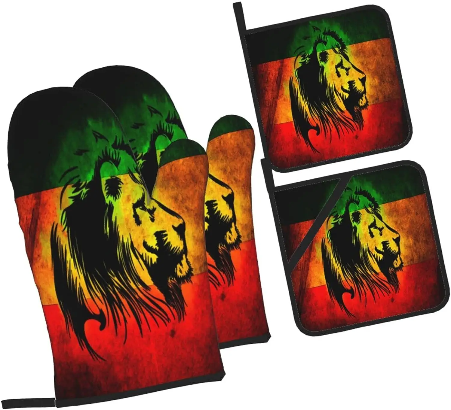 Oven Mitts and Pot Holders Set Jamaican Lion Flag Oven Gloves Waterproof Heat Resistant Hot Pads Oven Potholders for Kitchen