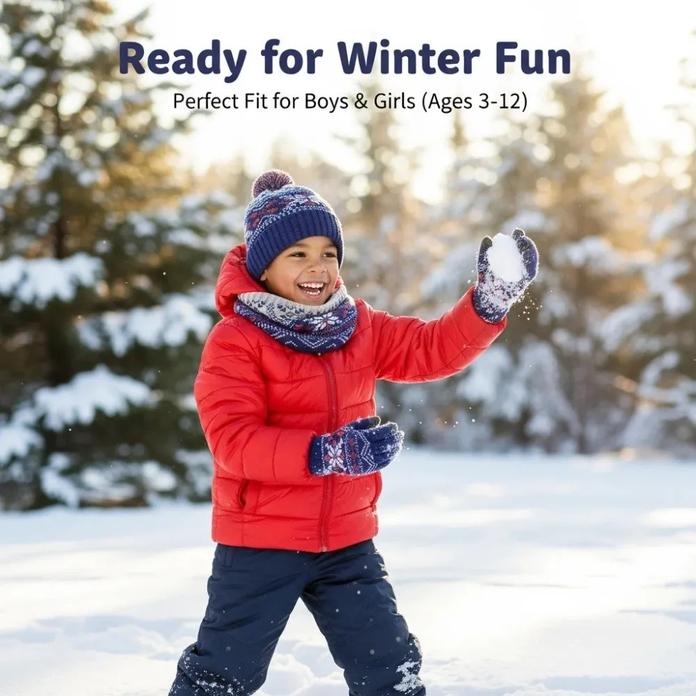 3Pcs/Set Fashion Winter Children Scarf Hat Gloves Set Warm Knitted Hats Scarfs Windproof Pompom Bonnet Gloves Kits view 5