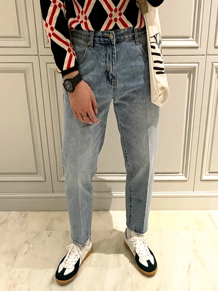 

Мужские джинсы прямого кроя для повседневной носки, осенне-зимние, универсальные, с эффектом потертости, модные, винтажные, укороченные, молодежные, из хлопка с эластаном