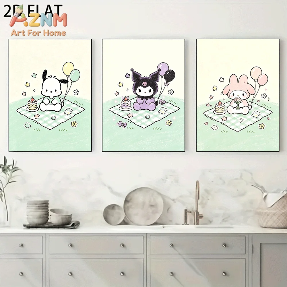 AZNM Sanrio Kuromi My Melody Pochacco Canvas Wall Art Unframed Cute Cartoon Print Poster Picnic Balloon Cake Star Kawaii Pastel