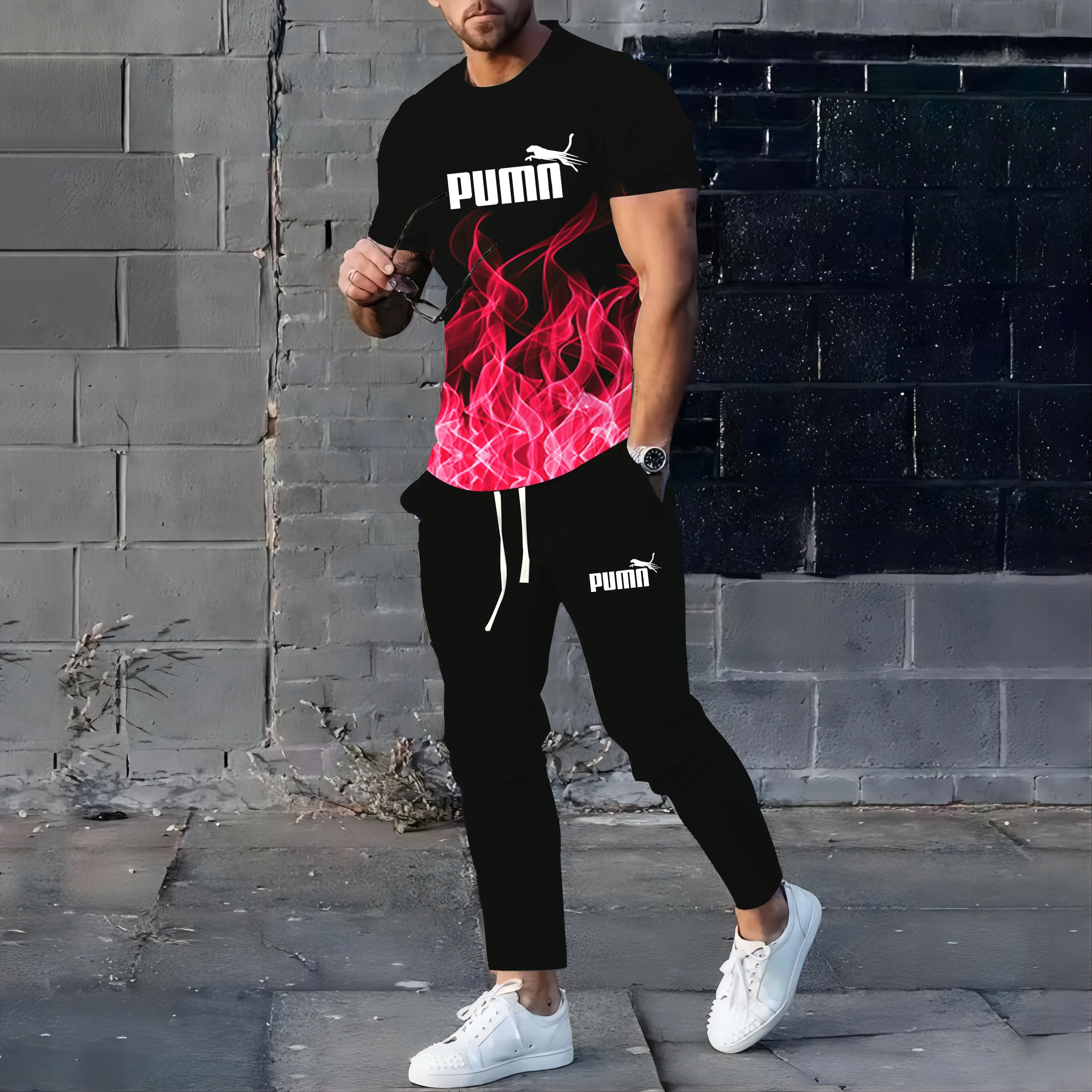 2024 New Men\'s Sportswear Jogging Wear 3D Printed Summer Trend Fashion Retro Casual Short Sleeve T-Shirt + Pants 2-piece Set