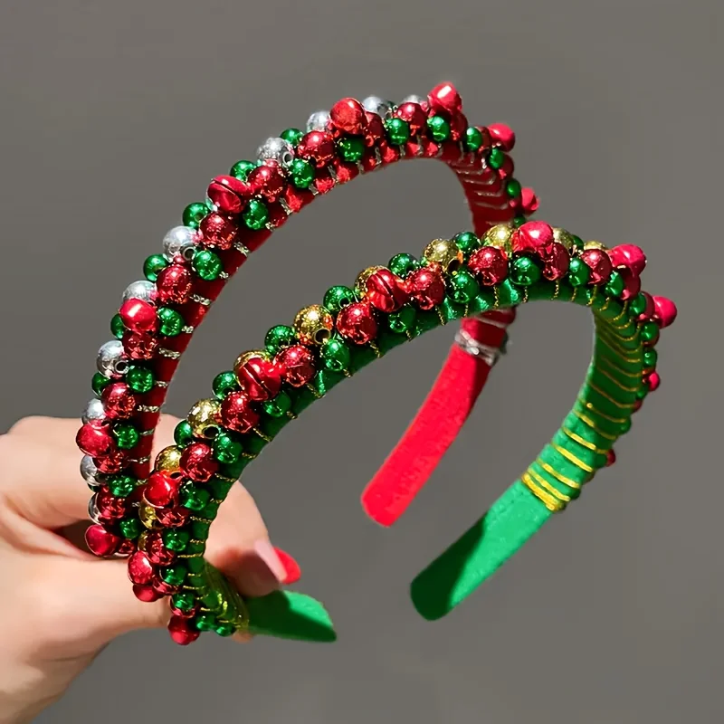 2pcs/1pc European and American Christmas Red Green Hairband with Bell Beads Halloween Party Celebration Hair Accessory