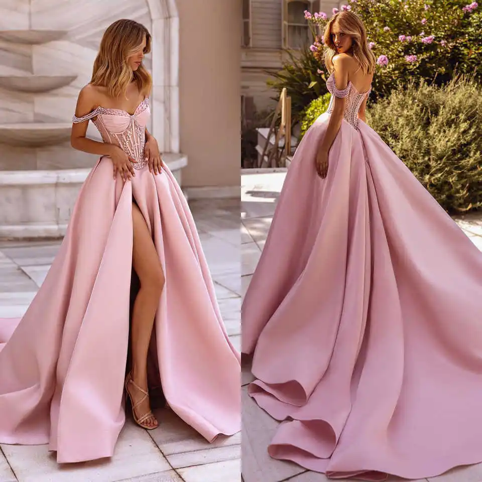 Gorgeous A Line Evening Dress Beading Pearls Sequins Off Shoulder Prom Gowns High Split Sleeveless Party Dresses Customized