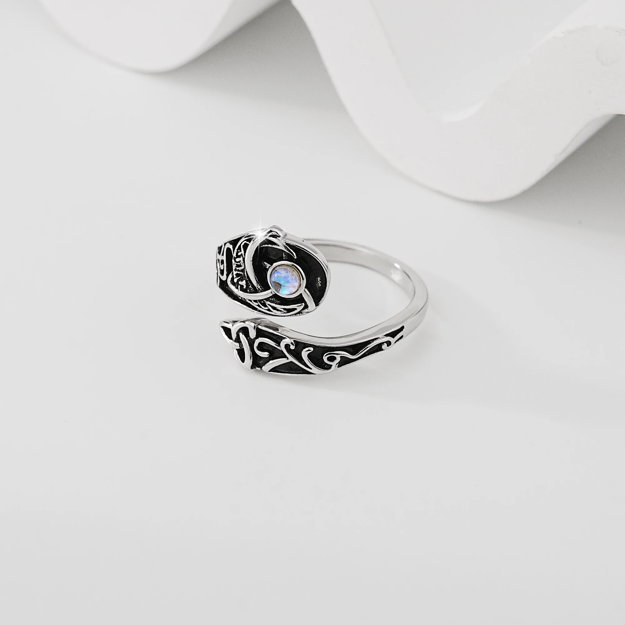 

925 Sterling Silver Celtic Knot Spoon Ring Adjustable Open Moonstone Snake Black Enamel Gothic Jewelry