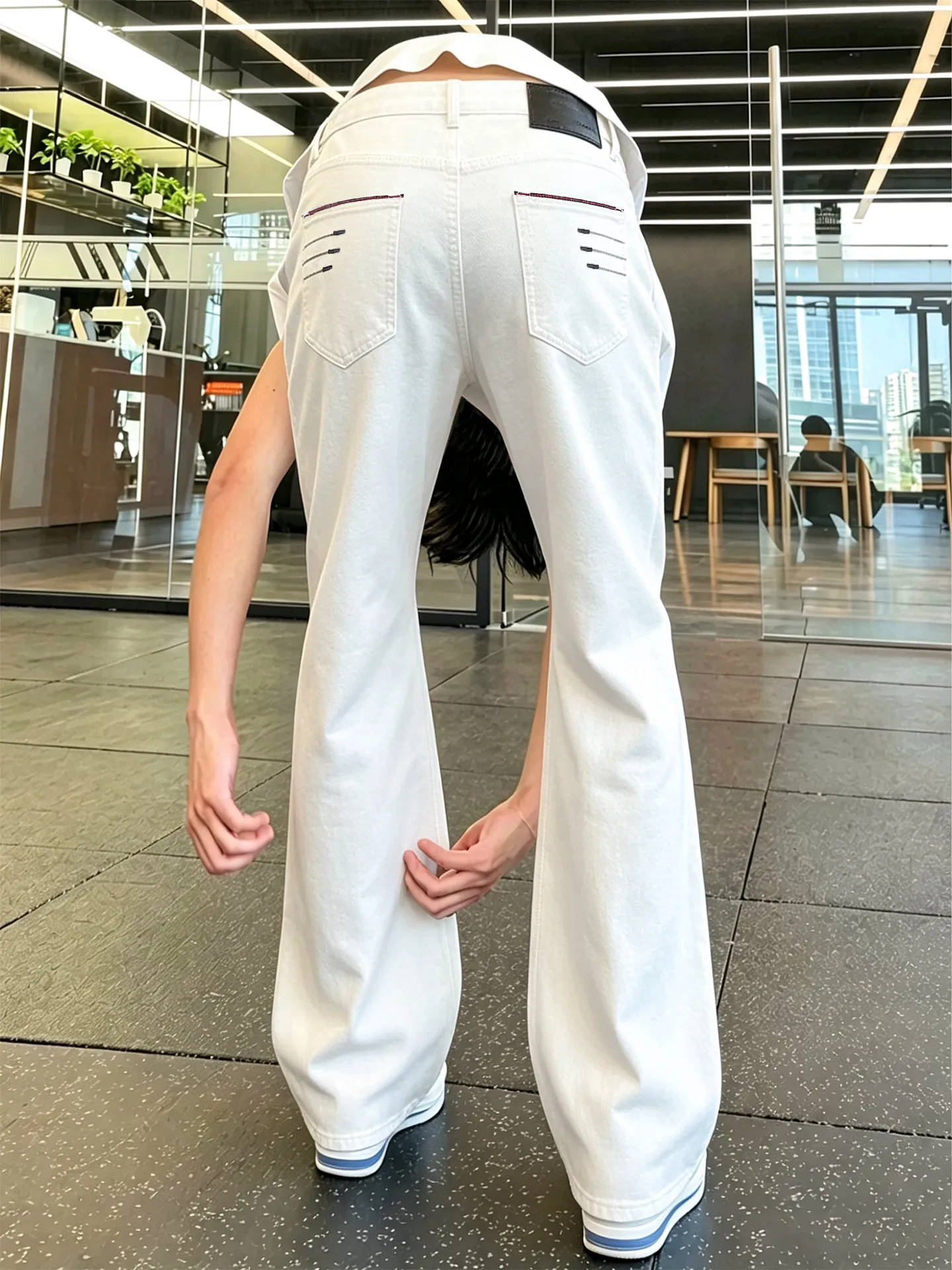 Four-Line Embroidery White Flared Jeans Men's CleanFit American High Street Bent Knife Straight Leg Pants Casual Wear