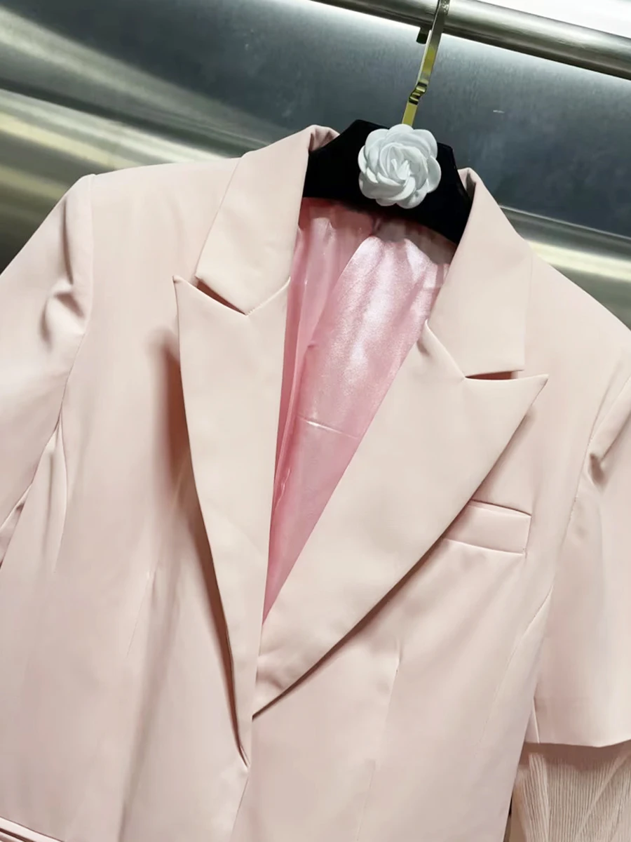 CHICEVER 핑크 스플라이스 메쉬 재킷 여성용 라펠 긴 소매 루즈한 젠틀 인텔렉추얼 여성 재킷 가을 패션 스타일 신상