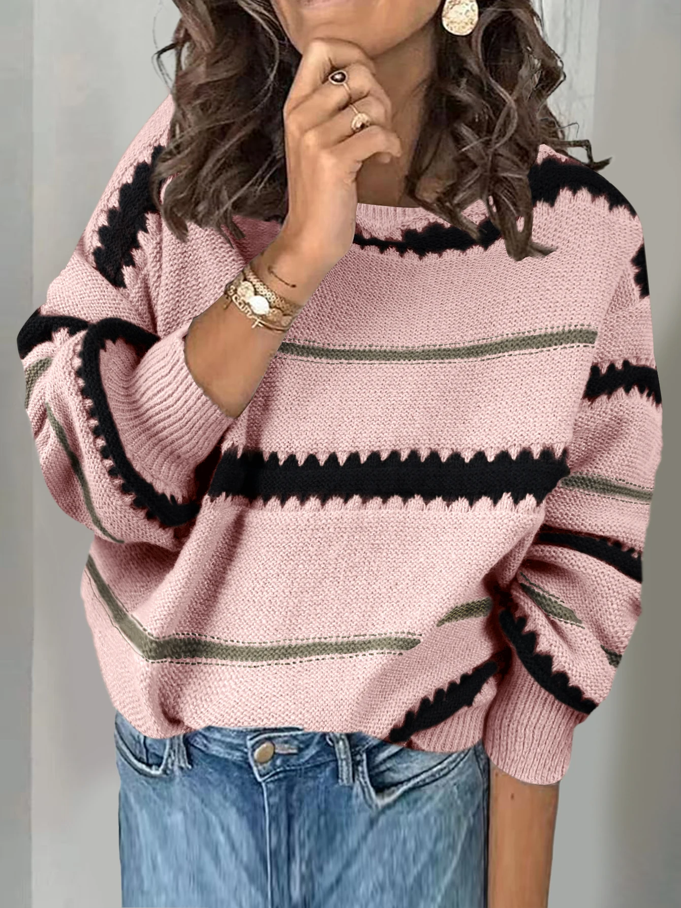 women\'s patchwork metal striped sweater jumper OL commuter loose sweater for women