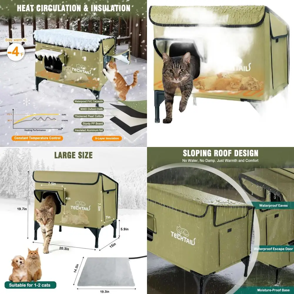 

Изолированное укрытие для кошек на открытом воздухе с наклонной крышей, грелкой и дверью для побега для ферлов и бродячих кошек зимой (зеленый)