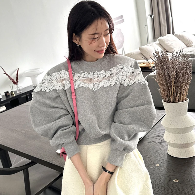 Hit Color Lace Spliced Ropa Mujer Loose Round Neck Hoodies Women 2024 Spring Pullovers Korean Sweatshirts Full Sleeve Hoodie