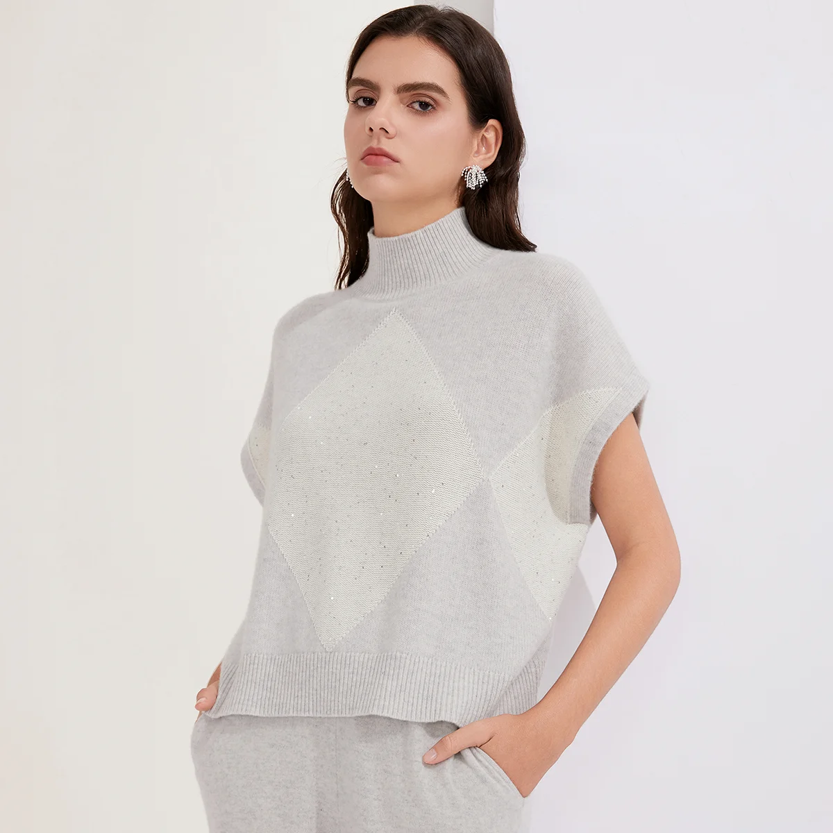 

BY3521229 100% Cashmere Mock Neck Short Sleeve Ribbed Knit Pullover Sweater for Women Fall Season