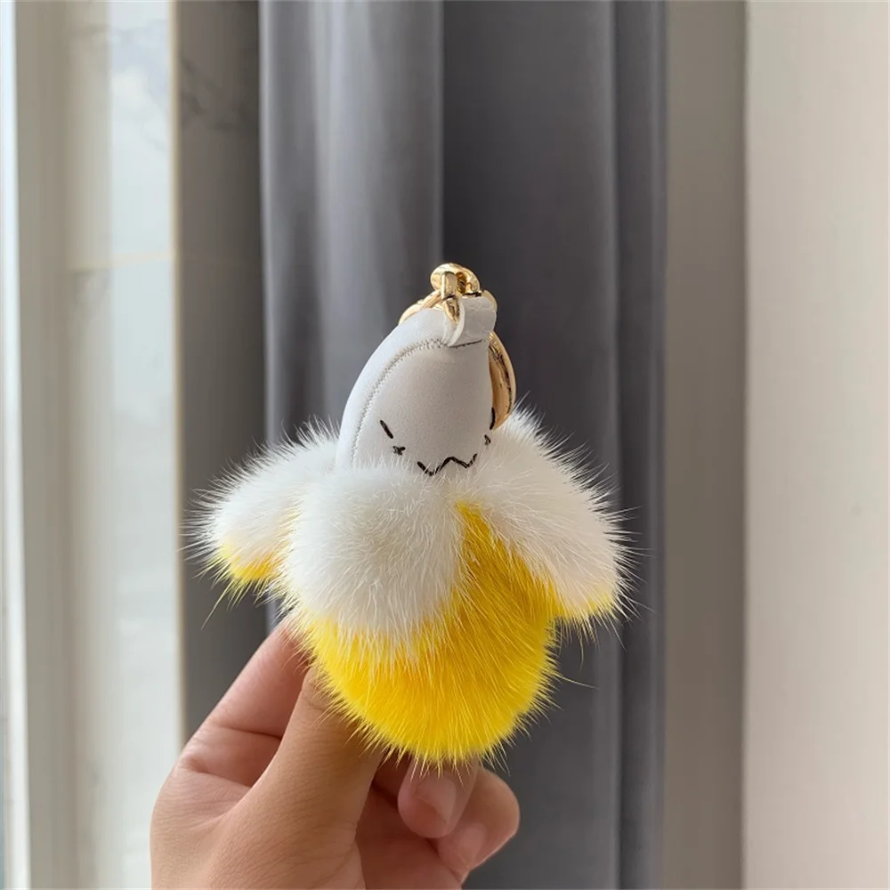 Funny Banana Keychain, Real Mink Fur Lovely Fruit Bag Charm, Women Car Key Ring Pendant Fashion Accessories Jewelry Gift