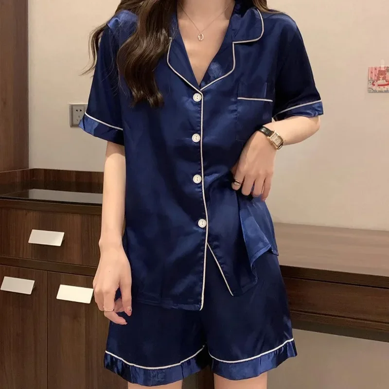 

Korean Pajamas Women's Summer Autumn Faux Silk Satin New Short-sleeved Shorts Loungewear Set Pijamas Women Lingerie Sleepwear