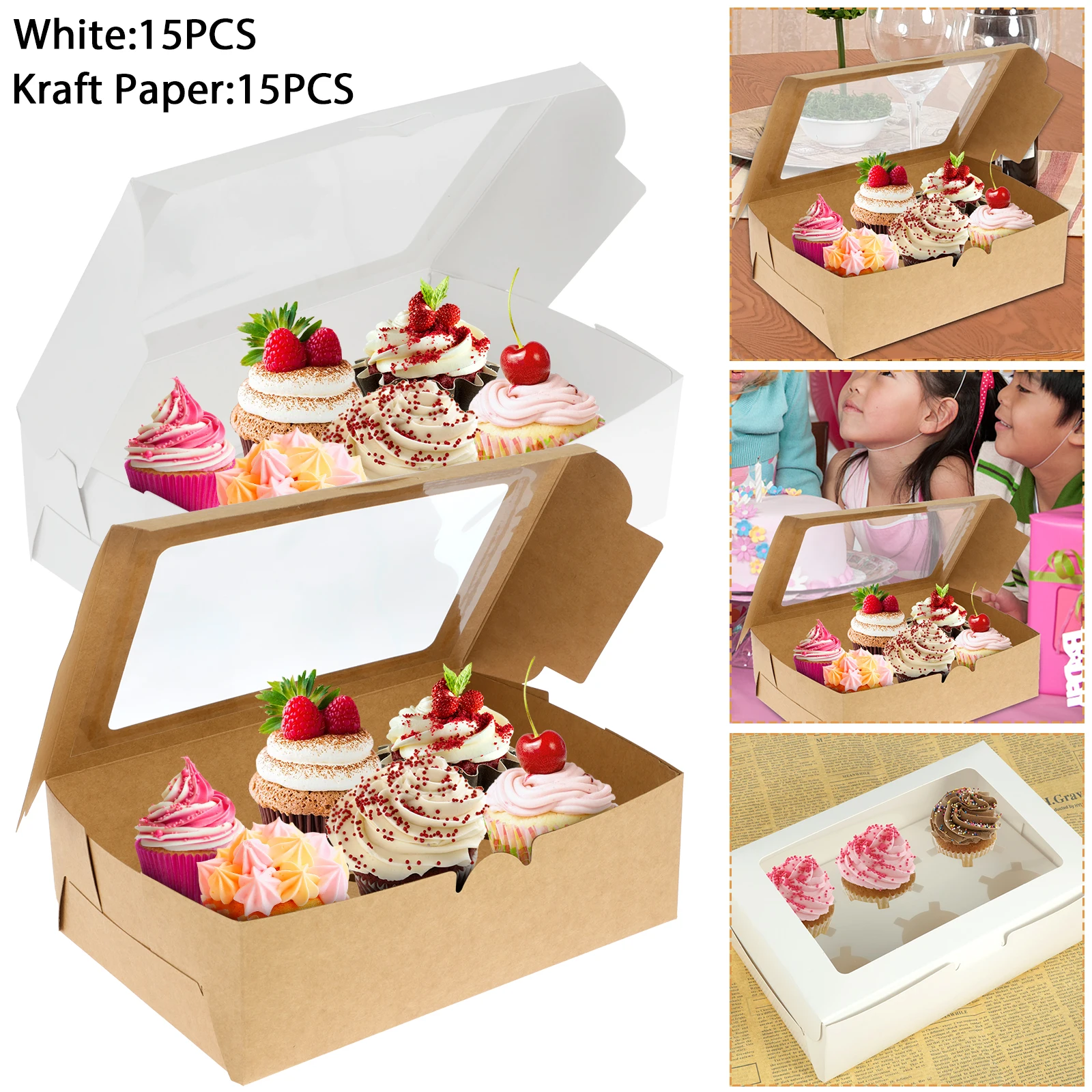 15Pcs Paper Cupcake Boxes Paper Cupcake Container with Clear Window 6 Cavity Muffin Cupcake Box White/Brown Paper Bakery Cake Bo