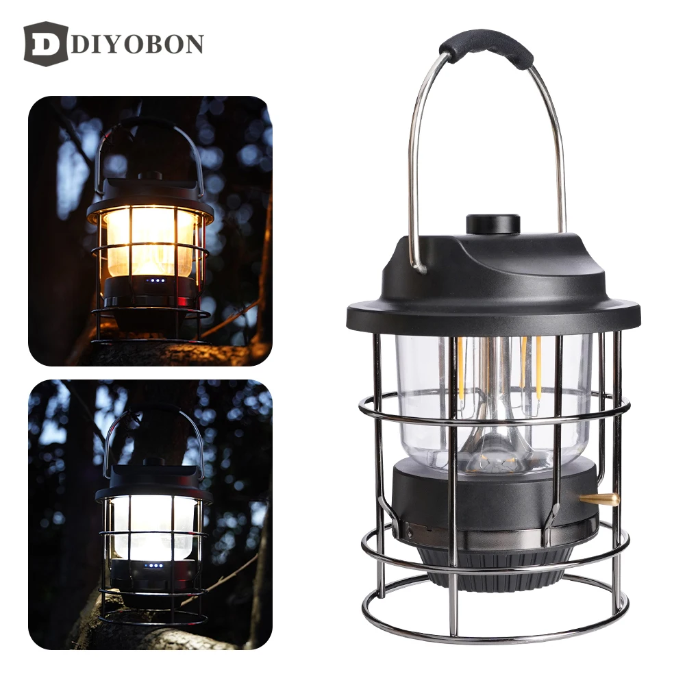 

LED Camping Lantern Rechargeable Retro Warm White Camp Light Battery Powered Vintage Haning Lamp Waterproof Outdoor Tent Light