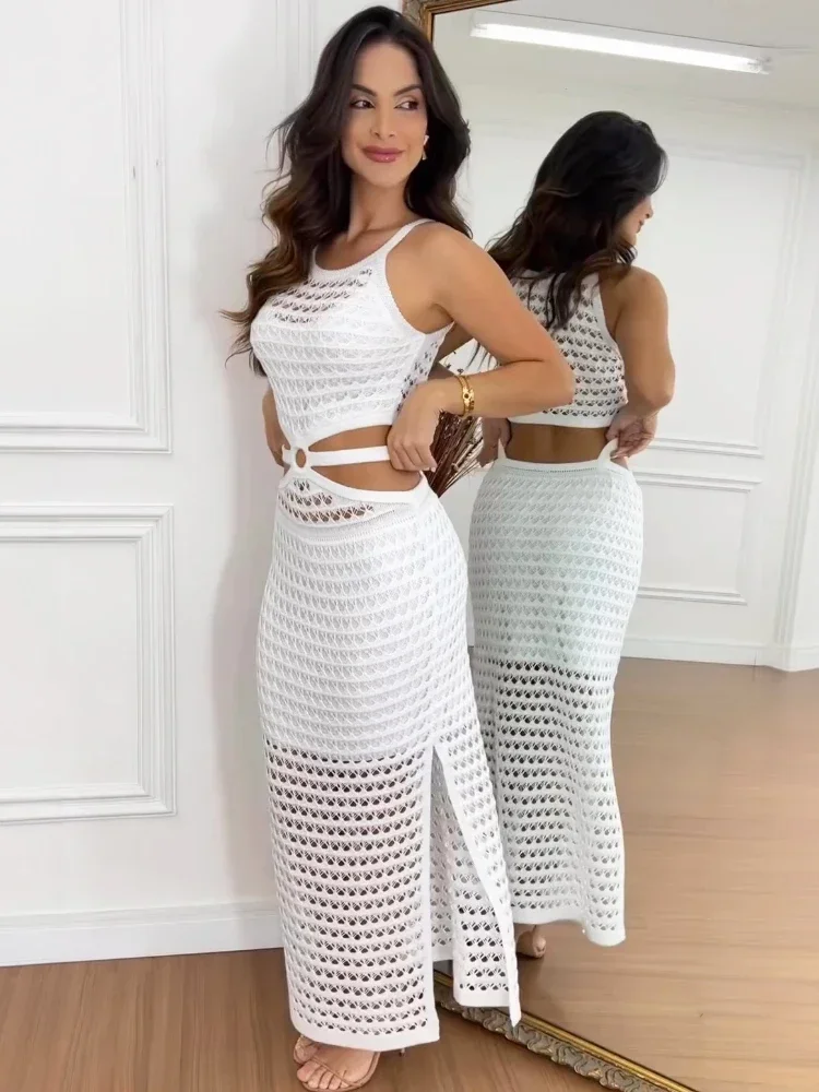 Sexy Hollow Out Women Knit Maxi Dress High Waist Cut Out Mesh Sheer Elegant Sleeveless Hem Silt Beach Party Dress Femme