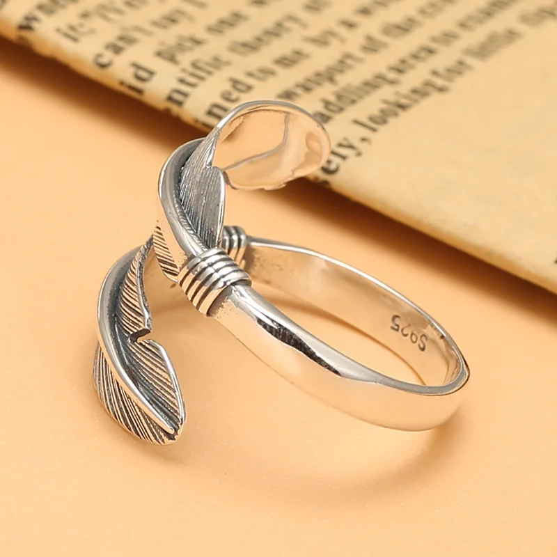 s925 sterling silver retro personalized feather open ring Indian exotic fashion fashion European and American style