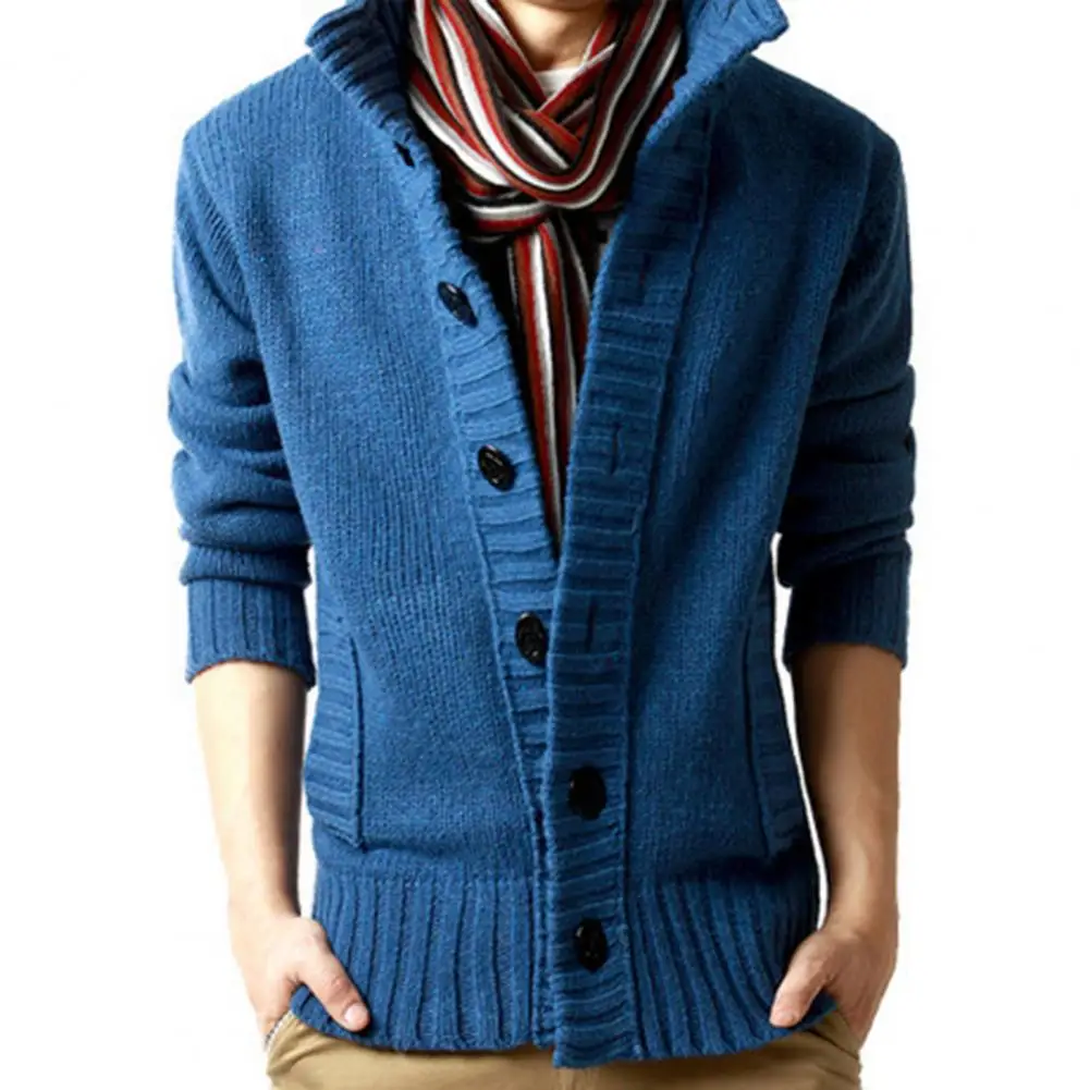 Men's Sweater Men's Cardigan Stand Collar Long Sleeve Side Pockets Buttons Closure Solid Color Sweater Coat Knitwear