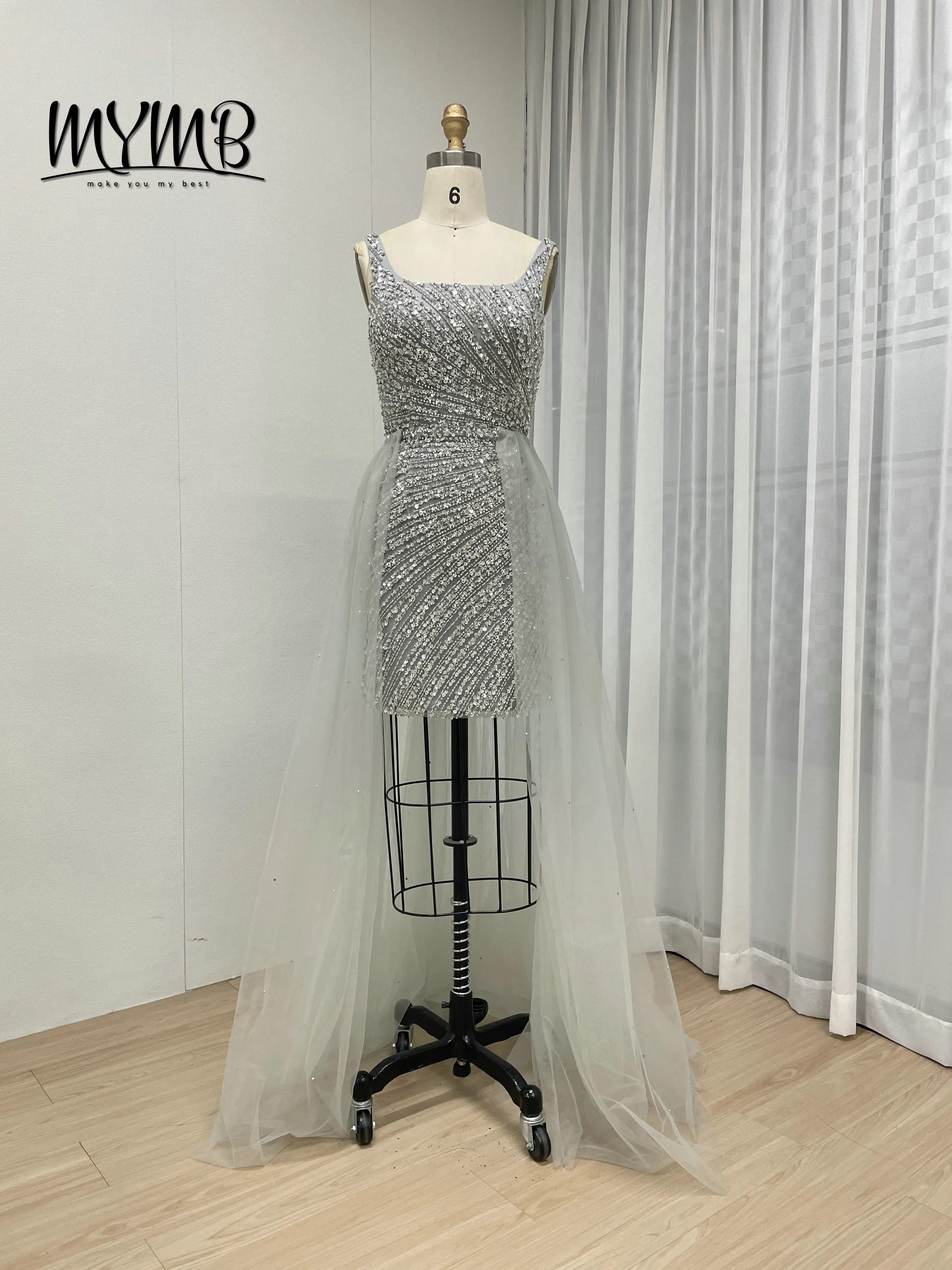 MYMB Luxe zilveren couture kralen ronde hals sexy korte trouwjurk met mesh trein avondjurk prom afstuderen ASU2020-08S