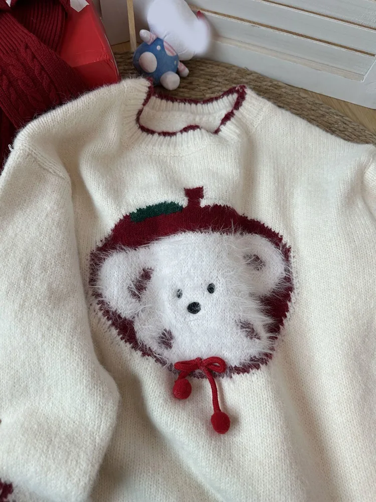 Maglione stile preppy simpatico cartone animato da donna vintage a maniche lunghe dolce maglione lavorato a maglia casual vento pigro coreano signora autunno inverno top