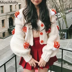 MosiMolly Handmade Sweater Cardigan Mushroom Knit Sweater Cardigan Coats Women Winter 2022 Sweater Casual