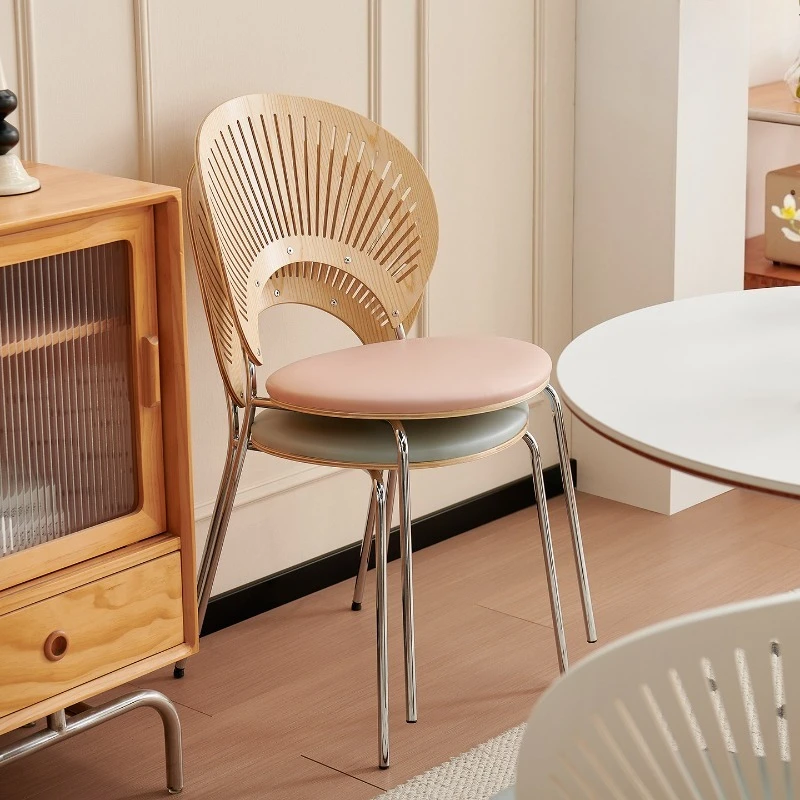 Pink Solid Wood Shell Chair for Dining Table Small Space Vanity Stool with Backrest Compact Kitchen Seat Retro Dressing Stools
