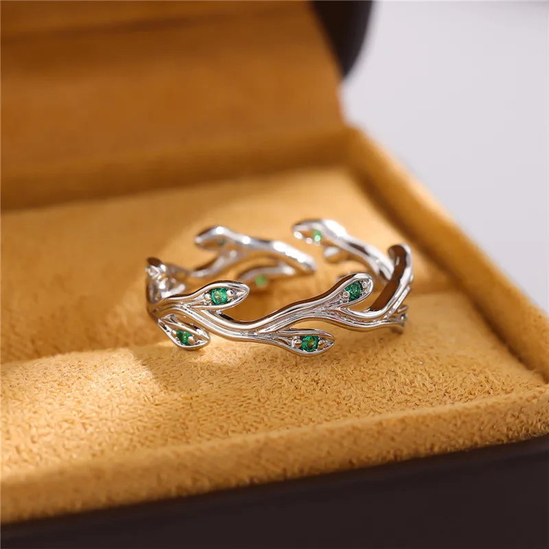 Hot Sale 925 Sterling Silver Tree Branch Emerald Crystal Open Rings For Women Female Adjustable LR324