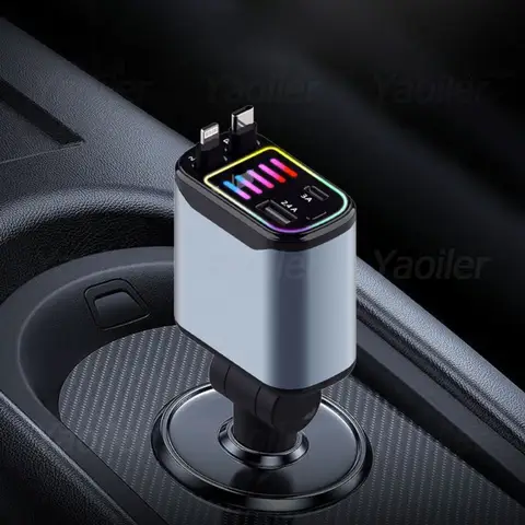 2025 새로운 개폐식 자동차 충전기 4-in-1 120W USB C 듀얼 텔레스코픽 코드로 빠른 자동차 충전 휴대 전화 충전기 어댑터
