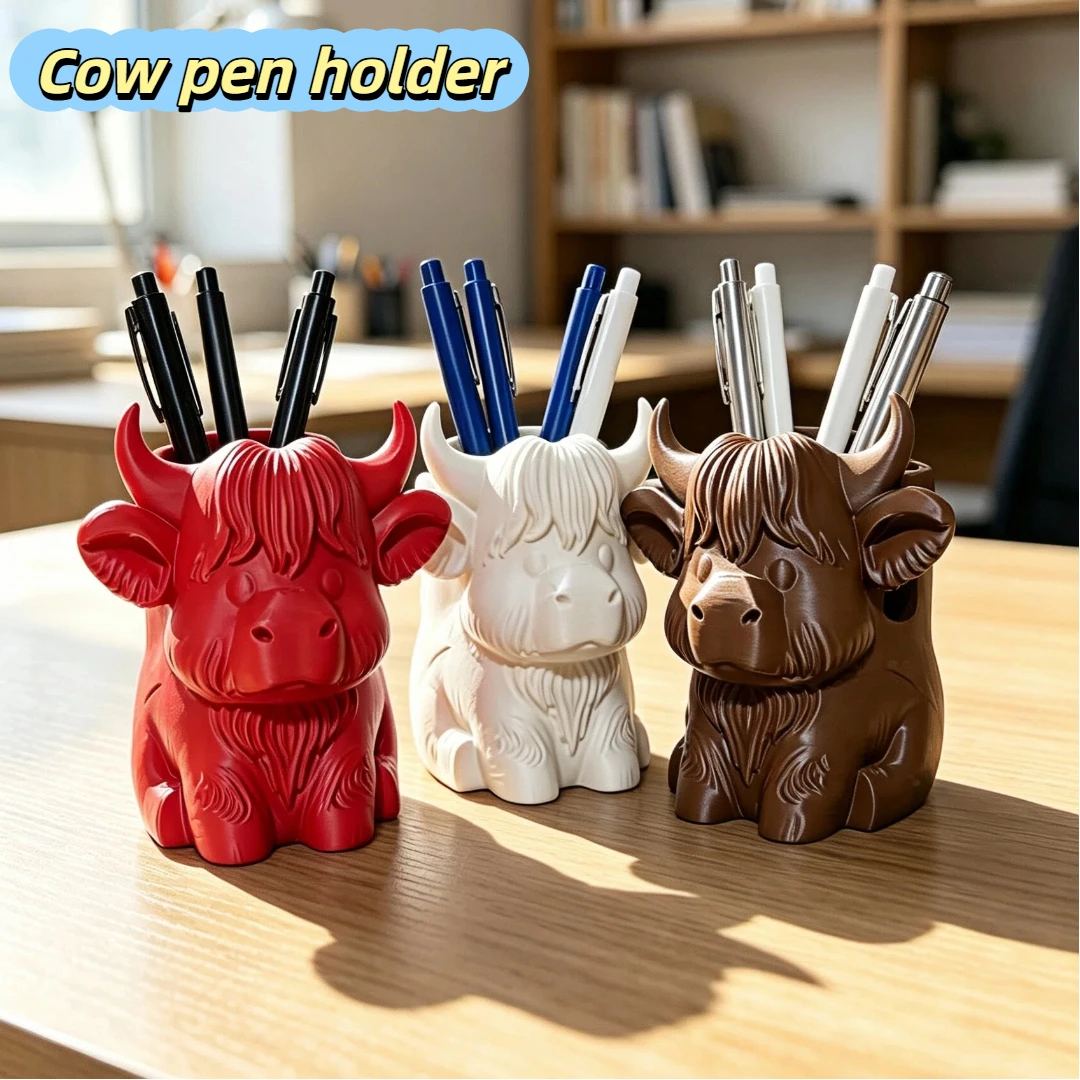 Creative Highland Cow Pen Holder Cute Cartoon Calf Desktop Ornament Large Capacity Student Office Stationery Storage Pen Holde