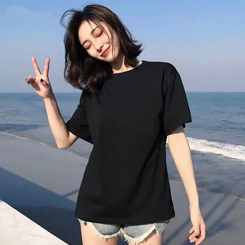 

Men and Women Pure Cotton Short Sleeved T-shirt Round Neck Top Loose and Versatile Heavyweight Monochromatic Round necked Top