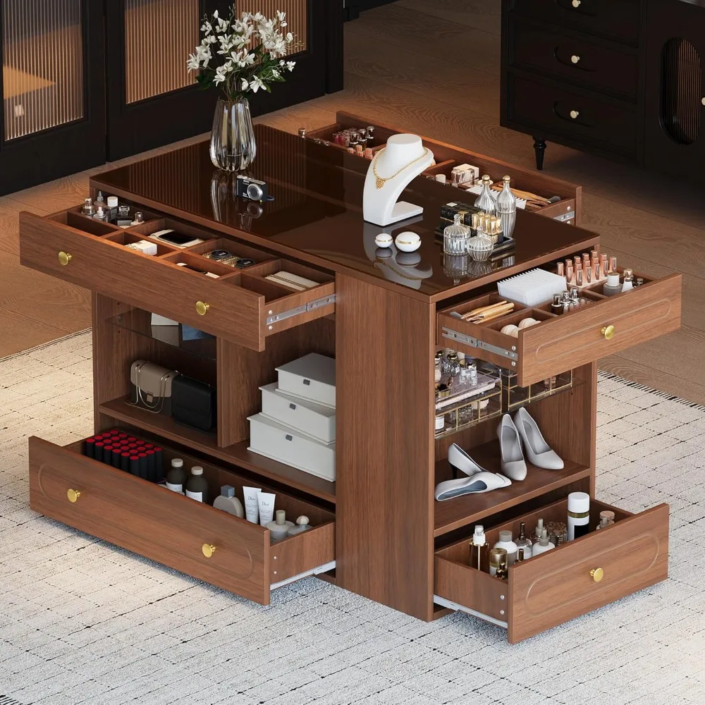 

Closet Island Bedroom Wardrobe Island with Glass Display Top and Open Shelves,Jewelry Storage Vanity with Compartments Walk-in