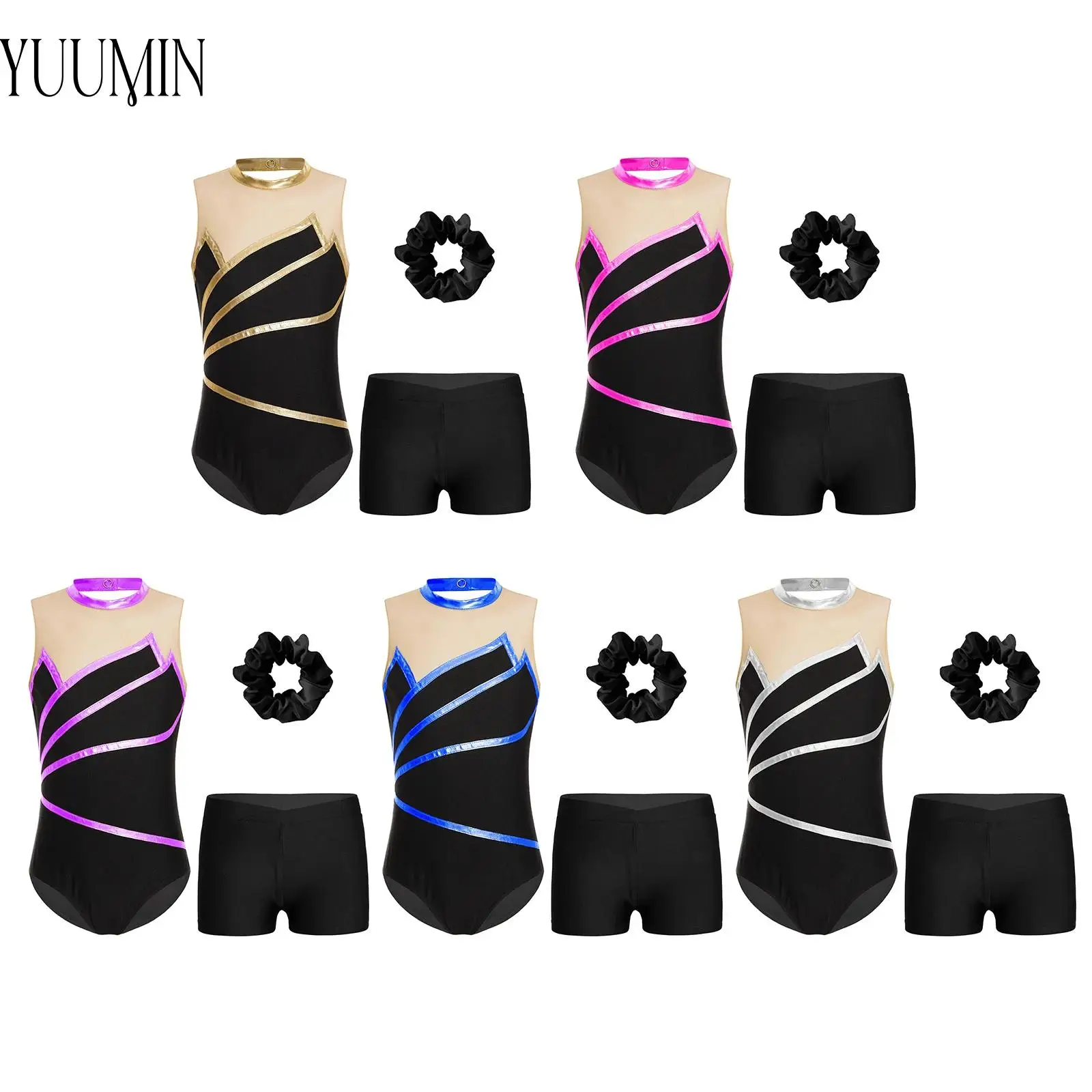Kids Sports Set for Girls Sleeveless Leotard with Shorts And Hair Tie Headband Gymnastics Workout Performance Costume Sportswear