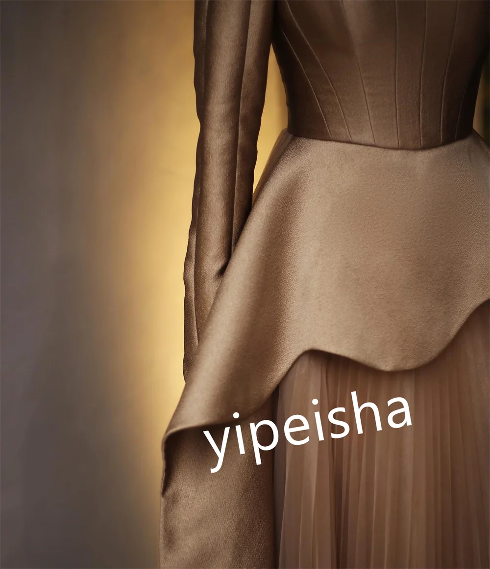 Customized Satin Pleat Engagement A-line Square Neck Bespoke Occasion Gown Long Dresses