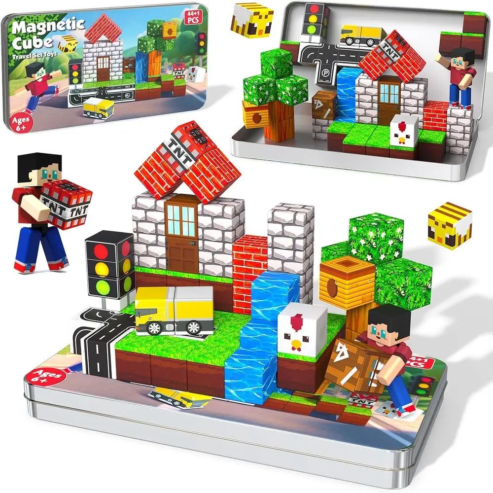 

Portable 46-Piece Magnetic Building Blocks Set for Kids Ages 4-8, Ideal Travel Toy with Metal Carrying Case, Perfect Gift for 3+