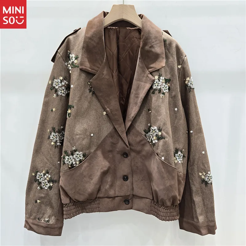 

Miniso 2025 Vintage Embroidered Jacket, Suede Blend Quilted Short Coat